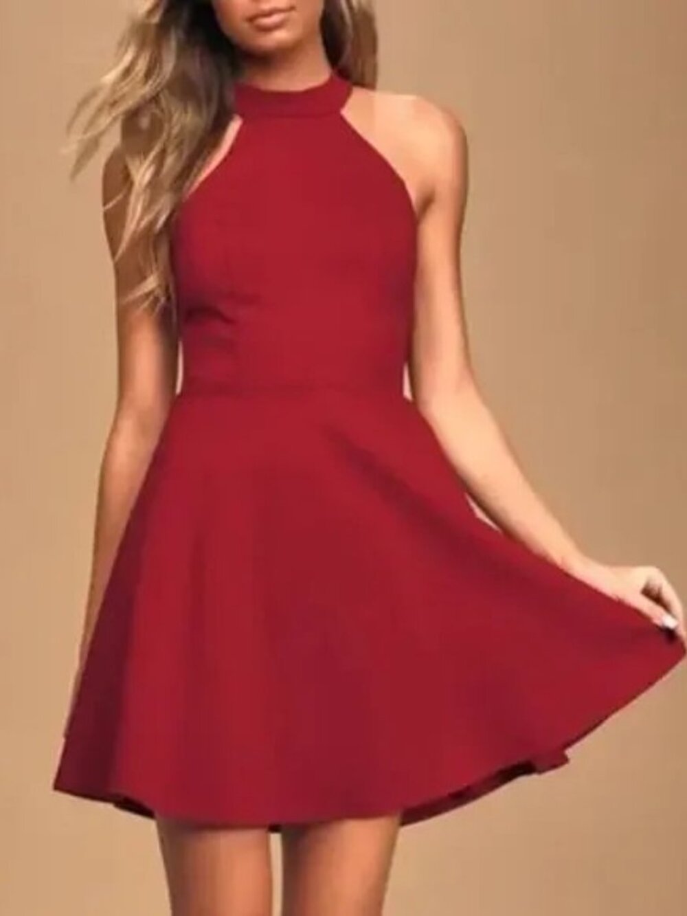 Lulus Dress Red Halter Neck Open Back Scalloped Hem Skirt - Picture 7 of 7